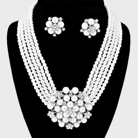 Pearl Necklace Set Clip On Earrings Pave Cluster Pendant Choker WHITE SILVER - PalmTreeSky