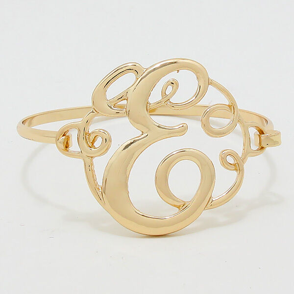 Monogram Initial Bangle Bracelet GOLD 1.75" Letter E Hinge Bangle Metal Jewelry - PalmTreeSky