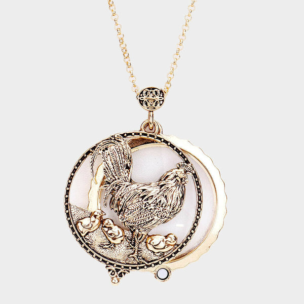 Magnifying Glass Necklace Rooster Chic Chik Chicken Hen 33" Long Chain GOLD - PalmTreeSky
