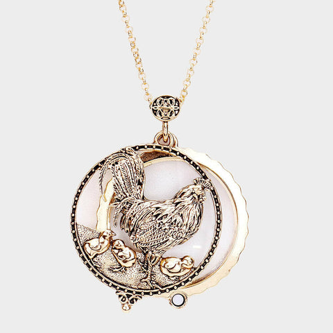 Magnifying Glass Necklace Rooster Chic Chik Chicken Hen 33" Long Chain GOLD - PalmTreeSky