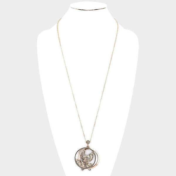 Magnifying Glass Necklace Rooster Chic Chik Chicken Hen 33" Long Chain GOLD - PalmTreeSky