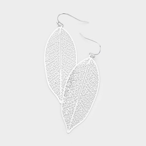 Leaf Earrings Filigree Leaf Petal 2.5" Drop Tree Ivy Lightweight Metal SILVER - PalmTreeSky
