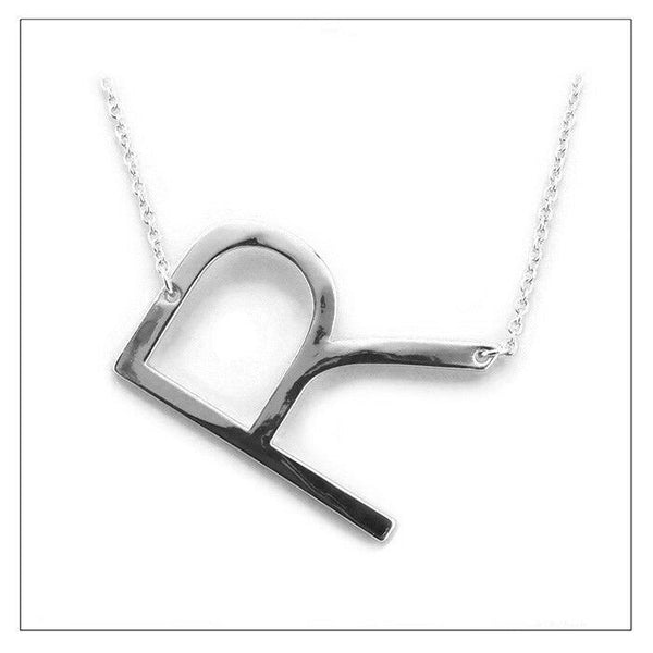 Initial Necklace Side Letter R Thin Large Monogram 1.75" Personalized SILVER - PalmTreeSky