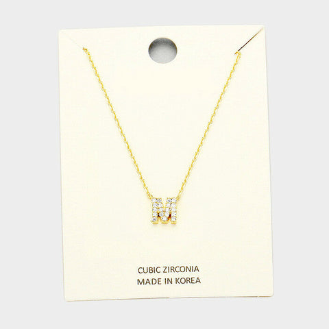 Initial Necklace Tiny CZ Cubic Zirconia .2" Monogram Letter M Rhinestone GOLD - PalmTreeSky