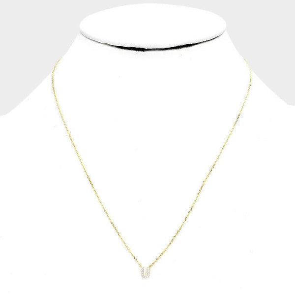 Initial Necklace Tiny CZ Cubic Zirconia .2" Monogram Letter U Rhinestone GOLD - PalmTreeSky