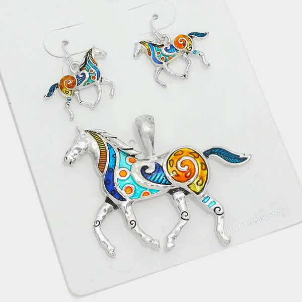 Horse Pendant Earrings SET Metal SILVER Country Girl Farmer Equestrian Jewelry - PalmTreeSky