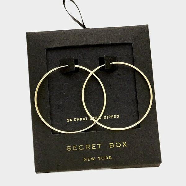 Hoop Earrings 1.5"W 1mm Thin Secret Gift Box Plain Classic 14K GOLD DIPPED - PalmTreeSky