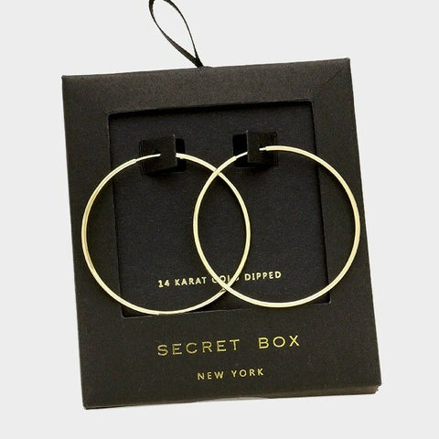 Hoop Earrings Thin Secret Gift Box Plain Classic 14K GOLD DIPPED Simple 1.5" - PalmTreeSky