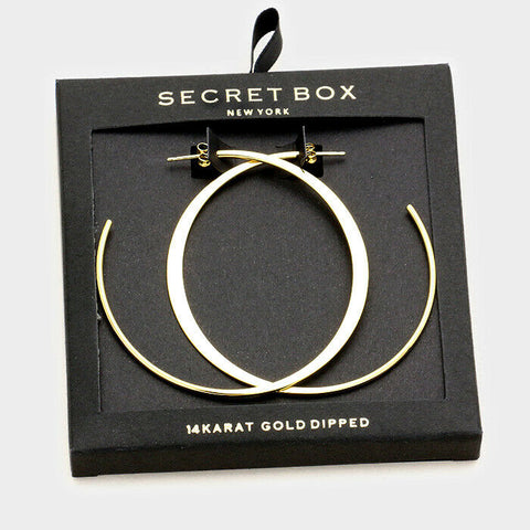 Hoop Earrings Tiny Secret Gift Box 2.25" Flat Metal Post Back 14K GOLD DIPPED - PalmTreeSky