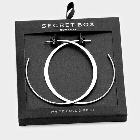 Hoop Earrings Tiny Secret Gift Box 2.25" Flat Metal Post Back WHITE GOLD DIPPED - PalmTreeSky