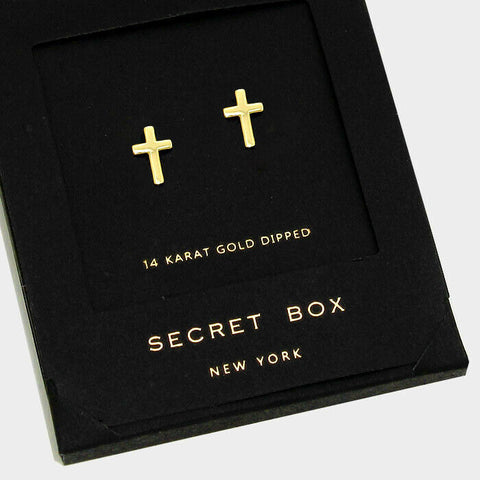 Cross Earrings Secret Gift Box Small Plain Stud Classic Elegant 14K GOLD DIPPED - PalmTreeSky