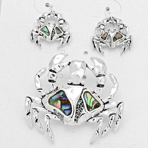 Crab Pendant Earring SET SeaLife ABALONE SHELL SILVER Beach Surfer Jewelry - PalmTreeSky