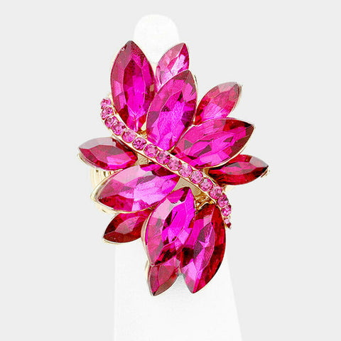 Cocktail Ring Large Wide Marquise Swirl Rhinestone Stretch Band Crystal PINK - PalmTreeSky