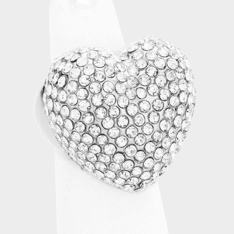 Cocktail Ring Large Heart Rhinestone Stretch 1"x1" Crystal Statement CLEAR SLVR - PalmTreeSky