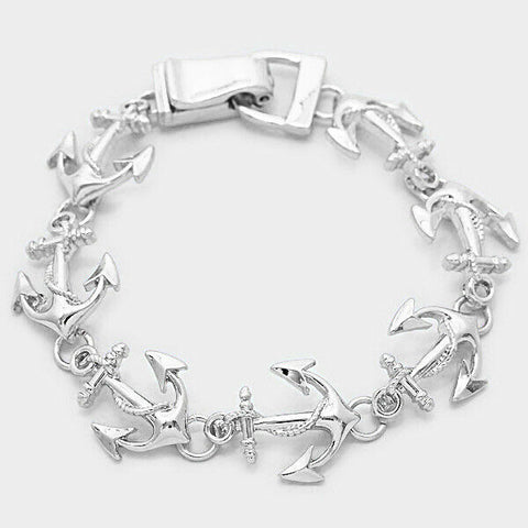 Anchor Bracelet Magnetic Closure Plain SILVER Metal Nautical Boat Sail Jewelry - PalmTreeSky