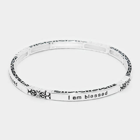 Blessed Bracelet I Am Blessed Faith Hope SILVER Inspirational Stretch Bangle - PalmTreeSky