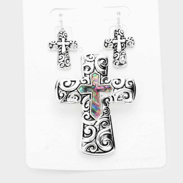 Cross Pendant Set Necklace Earrings Abalone Shell Swirl Metal 2.5"L Religious - PalmTreeSky