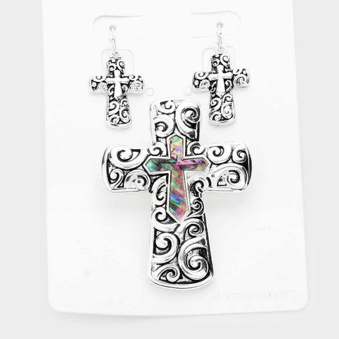 Cross Pendant Set Necklace Earrings Abalone Shell Swirl Metal 2.5"L Religious - PalmTreeSky