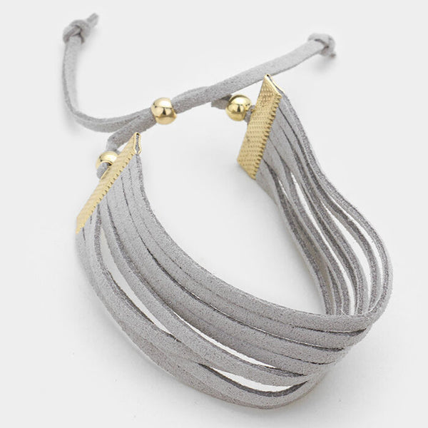 Boho Bracelet Multi Layered Suede Slide Bohemian GOLD GRAY Adjustable 1"Wide - PalmTreeSky