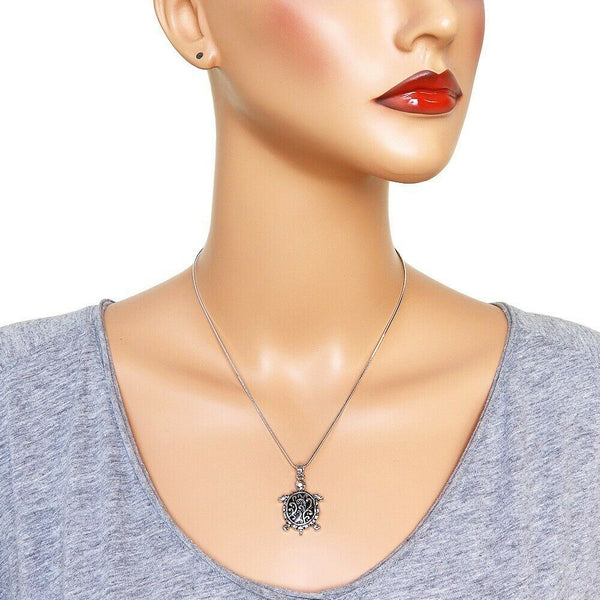 Turtle Necklace Pendant Charm Snake Chain Filigree Swirl Metal SILVER Jewelry - PalmTreeSky