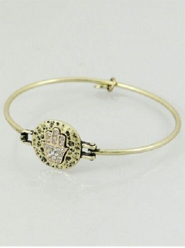 Evil Eye Bracelet Hamsa Hand Bangle Hammered Metal Pave BURNISHED GOLD Jewelry - PalmTreeSky