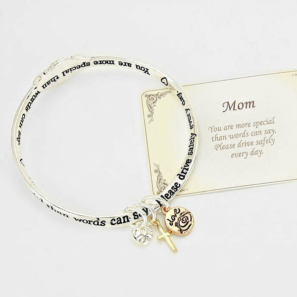 Mom Bracelet Mother Bangle Heart Flower Special Words Blessed Religious SILVER - PalmTreeSky