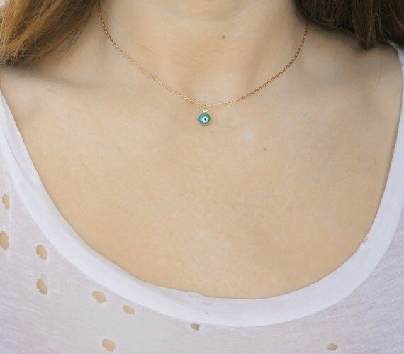 Evil Eye Necklace Thin Chain Choker Tiny Small Charm GOLD TURQ Hamsa Hand God - PalmTreeSky
