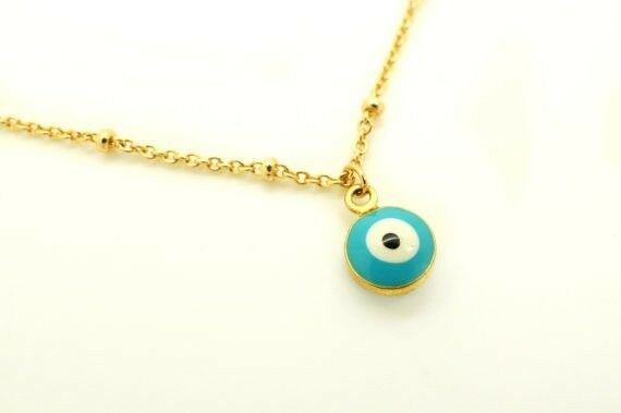 Evil Eye Necklace Thin Chain Choker Tiny Small Charm GOLD TURQ Hamsa Hand God - PalmTreeSky