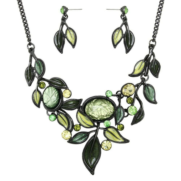 Leaf Necklace Earring Set Crystal Pendant Statement Ivy Rhinestone Painted HGN - PalmTreeSky