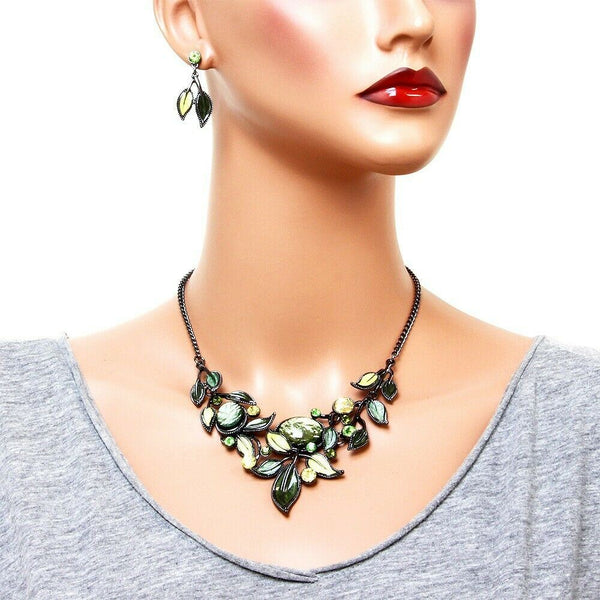 Leaf Necklace Earring Set Crystal Pendant Statement Ivy Rhinestone Painted HGN - PalmTreeSky