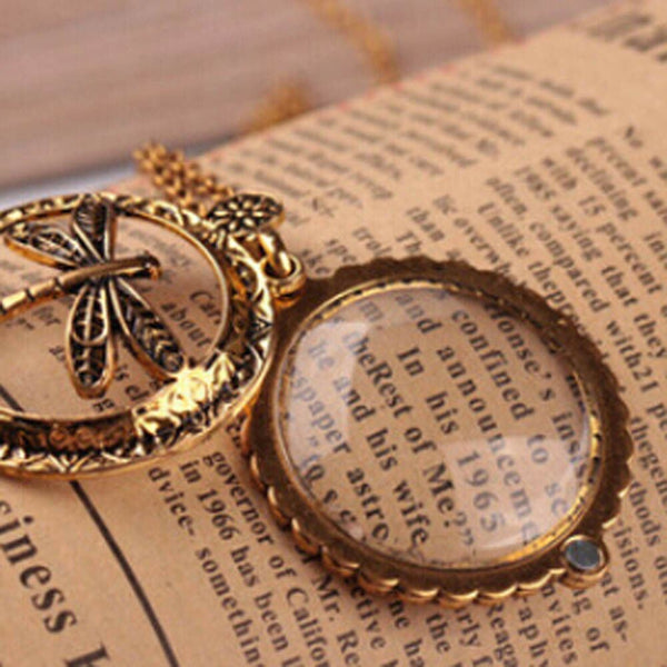 Dragonfly Necklace Magnifying Glass Small Charm GOLD Chain Flower Floral Antique - PalmTreeSky