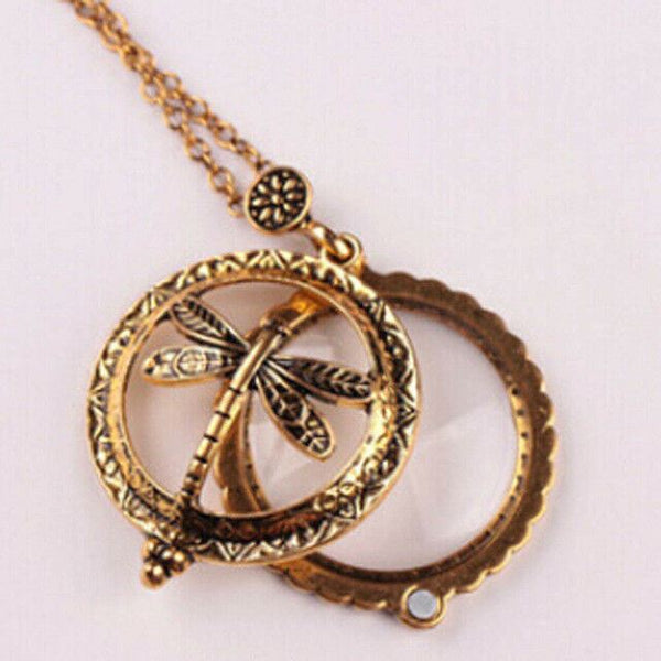 Dragonfly Necklace Magnifying Glass Small Charm GOLD Chain Flower Floral Antique - PalmTreeSky