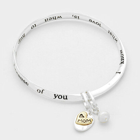 Mom Bracelet Mother of Mine Bangle Heart Flower Pearl Blessed Religious SILVER - PalmTreeSky