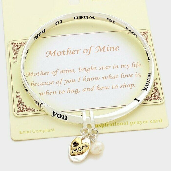 Mom Bracelet Mother of Mine Bangle Heart Flower Pearl Blessed Religious SILVER - PalmTreeSky