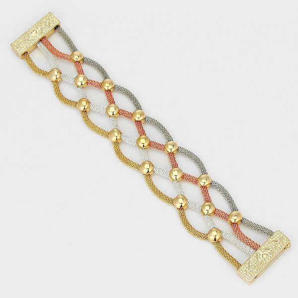 Magnetic Bracelet Wide Mesh Metal Twisted Link Classic Style Open 1" GOLD MULTI - PalmTreeSky
