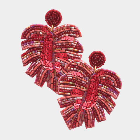 Seed Beaded Earrings Tropical Leaf Sequins Bead Flower 3"L Felt Back BUR - PalmTreeSky