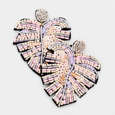 Seed Beaded Earrings Tropical Leaf Sequins Bead Flower 3"L Felt Back PINK - PalmTreeSky