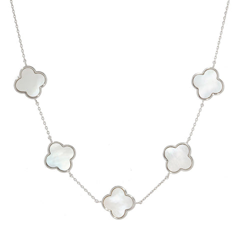 Clover Necklace Chain Link 5 Charm WHITE GOLD DIPPED Mother of Pearl 2439 Quatrefoil
