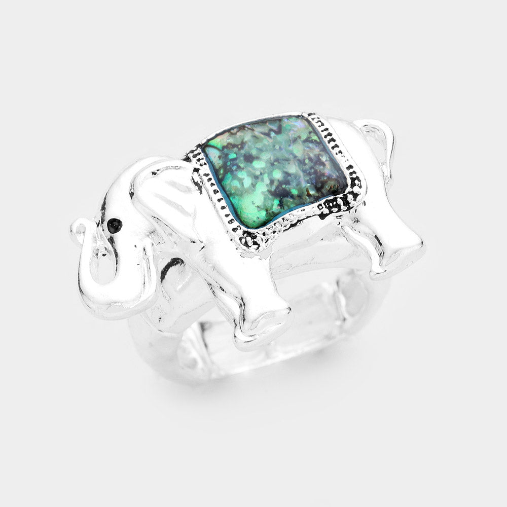 Elephant Ring Abalone Shell Stretch Band Sand Dollar Beach Metal SILVER Jewelry - PalmTreeSky