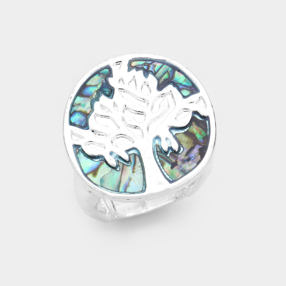 Tree Ring Abalone Shell Stretch Band Sand Dollar Beach Metal SILVER Jewelry - PalmTreeSky