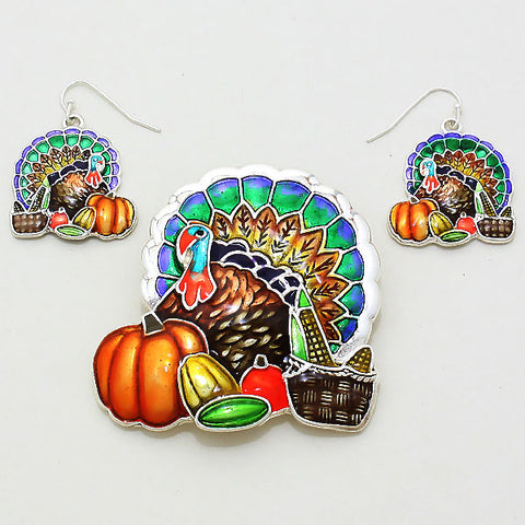 Turkey Pendant Earrings SET Cornucopia Thanksgiving Fall Holiday Jewelry GOLD - PalmTreeSky